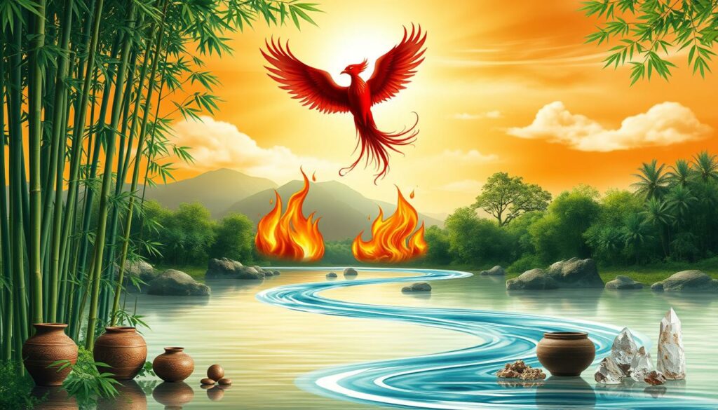 A serene and harmonious composition depicting the four fundamental elements of Feng Shui: wood, fire, earth, and water. In the foreground, a lush green bamboo forest casts a tranquil ambiance, complemented by the gentle flow of a meandering stream. In the middle ground, a majestic red phoenix soars against a backdrop of dancing flames, symbolizing the element of fire. Earthen vessels and crystals occupy the lower corners, representing the grounding force of earth. Above, wispy clouds drift across a warm, golden sky, evoking the boundless nature of the air element. The entire scene is bathed in a soft, natural light, creating a calming and contemplative atmosphere that invites the viewer to find balance and harmony. A serene and harmonious composition depicting the four fundamental elements of Feng Shui: wood, fire, earth, and water. In the foreground, a lush green bamboo forest casts a tranquil ambiance, complemented by the gentle flow of a meandering stream. In the middle ground, a majestic red phoenix soars against a backdrop of dancing flames, symbolizing the element of fire. Earthen vessels and crystals occupy the lower corners, representing the grounding force of earth. Above, wispy clouds drift across a warm, golden sky, evoking the boundless nature of the air element. The entire scene is bathed in a soft, natural light, creating a calming and contemplative atmosphere that invites the viewer to find balance and harmony.