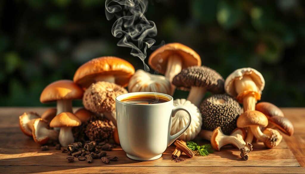 A serene and tranquil scene featuring a selection of vibrant mushrooms arranged thoughtfully on a wooden table, cast in soft, warm lighting. In the foreground, a steaming mug of rich, earthy mushroom coffee takes center stage, its aroma wafting through the air. The middle ground showcases various health-promoting mushroom varieties, each with their own unique textures and hues. The background features a natural, lush backdrop, hinting at the forest origins of these beneficial fungi. The overall composition conveys a sense of balance, wellness, and the harmonious blending of nature's restorative powers within a cup of mushroom coffee. A serene and tranquil scene featuring a selection of vibrant mushrooms arranged thoughtfully on a wooden table, cast in soft, warm lighting. In the foreground, a steaming mug of rich, earthy mushroom coffee takes center stage, its aroma wafting through the air. The middle ground showcases various health-promoting mushroom varieties, each with their own unique textures and hues. The background features a natural, lush backdrop, hinting at the forest origins of these beneficial fungi. The overall composition conveys a sense of balance, wellness, and the harmonious blending of nature's restorative powers within a cup of mushroom coffee.