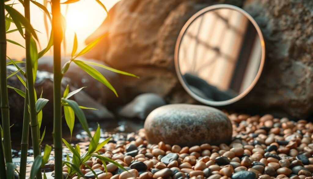 A serene and tranquil scene showcasing the five elements of Feng Shui - wood, fire, earth, metal, and water. In the foreground, a lush, green bamboo plant sways gently. Behind it, a small stream flows peacefully, its surface reflecting the warm, golden light of a setting sun. In the middle ground, a smooth, rounded river rock sits atop a bed of earthy, ochre-colored stones. Subtly emerging from the background, a sleek, metal-framed mirror reflects the surroundings, blending the elements together in perfect harmony. The entire composition is bathed in a soft, diffused lighting, creating a calming and meditative atmosphere. A serene and tranquil scene showcasing the five elements of Feng Shui - wood, fire, earth, metal, and water. In the foreground, a lush, green bamboo plant sways gently. Behind it, a small stream flows peacefully, its surface reflecting the warm, golden light of a setting sun. In the middle ground, a smooth, rounded river rock sits atop a bed of earthy, ochre-colored stones. Subtly emerging from the background, a sleek, metal-framed mirror reflects the surroundings, blending the elements together in perfect harmony. The entire composition is bathed in a soft, diffused lighting, creating a calming and meditative atmosphere.