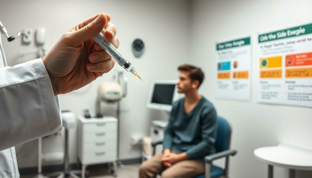 A serene medical setting with a focus on Ozempic side effects management. In the foreground, a close-up view of a healthcare professional's hands demonstrating the proper injection technique with an Ozempic pen. The middle ground features a patient sitting attentively, listening to the doctor's instructions. The background showcases a clean, well-lit examination room with medical equipment and informative wall displays highlighting the potential side effects of Ozempic and strategies to manage them. The overall atmosphere conveys a sense of professionalism, empathy, and patient-centered care. A serene medical setting with a focus on Ozempic side effects management. In the foreground, a close-up view of a healthcare professional's hands demonstrating the proper injection technique with an Ozempic pen. The middle ground features a patient sitting attentively, listening to the doctor's instructions. The background showcases a clean, well-lit examination room with medical equipment and informative wall displays highlighting the potential side effects of Ozempic and strategies to manage them. The overall atmosphere conveys a sense of professionalism, empathy, and patient-centered care.