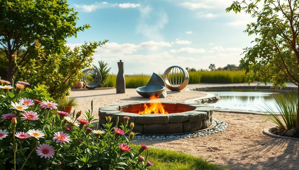 A serene scene depicting the five elements of Feng Shui - wood, fire, earth, metal, and water - in a harmonious balance. In the foreground, a lush garden with verdant foliage and blooming flowers representing wood. Behind it, a warm firepit symbolizing the element of fire, casting a gentle glow. In the middle ground, a sturdy stone formation signifying earth, surrounded by sand and pebbles. To the side, a gleaming metal sculpture catching the light. In the distance, a tranquil pond reflecting the sky, embodying the element of water. The scene is bathed in soft, diffused natural lighting, evoking a sense of calming equilibrium and wholeness. A serene scene depicting the five elements of Feng Shui - wood, fire, earth, metal, and water - in a harmonious balance. In the foreground, a lush garden with verdant foliage and blooming flowers representing wood. Behind it, a warm firepit symbolizing the element of fire, casting a gentle glow. In the middle ground, a sturdy stone formation signifying earth, surrounded by sand and pebbles. To the side, a gleaming metal sculpture catching the light. In the distance, a tranquil pond reflecting the sky, embodying the element of water. The scene is bathed in soft, diffused natural lighting, evoking a sense of calming equilibrium and wholeness.