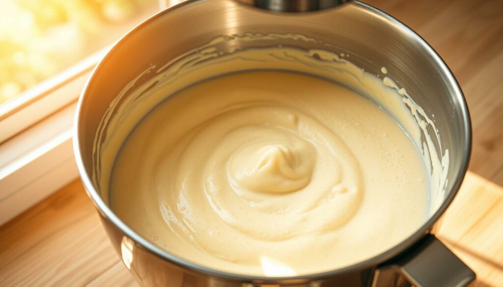 A stainless steel mixing bowl filled with a thick, creamy pancake batter. The batter has a smooth, uniform consistency with tiny air bubbles visible throughout. Sunlight streams in through a nearby window, casting a warm, golden glow on the surface of the batter. The bowl is set on a clean, wooden kitchen counter, with a gentle blur in the background. The lighting is soft and natural, accentuating the rich, yellow hue of the batter. The camera angle is slightly elevated, giving a clear view of the batter's texture and viscosity. A stainless steel mixing bowl filled with a thick, creamy pancake batter. The batter has a smooth, uniform consistency with tiny air bubbles visible throughout. Sunlight streams in through a nearby window, casting a warm, golden glow on the surface of the batter. The bowl is set on a clean, wooden kitchen counter, with a gentle blur in the background. The lighting is soft and natural, accentuating the rich, yellow hue of the batter. The camera angle is slightly elevated, giving a clear view of the batter's texture and viscosity.