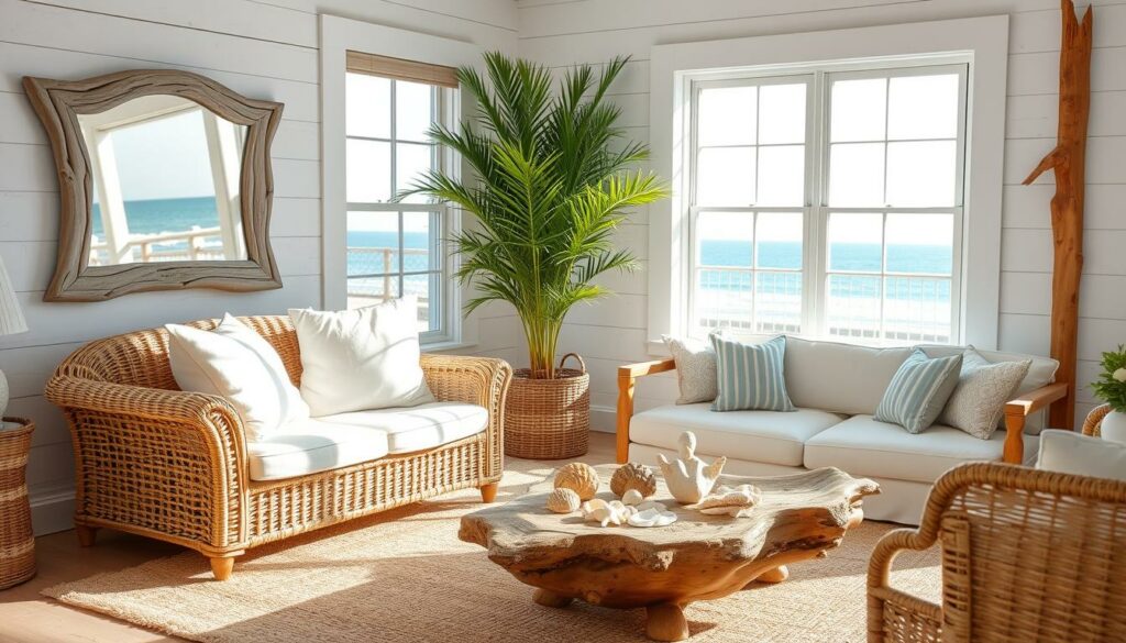A sun-drenched coastal living room, adorned with natural textures and hues. In the foreground, a woven rattan loveseat sits atop a plush jute rug, accented by fluffy white throw pillows. Alongside, a driftwood-framed mirror reflects the ocean view through large, airy windows. In the middle ground, a driftwood coffee table displays a scattering of seashells and coral. The background features white shiplap walls, complemented by warm wood tones and a lush potted palm, casting soft, natural light throughout the space. An inviting, serene scene that captures the essence of year-round coastal charm. A sun-drenched coastal living room, adorned with natural textures and hues. In the foreground, a woven rattan loveseat sits atop a plush jute rug, accented by fluffy white throw pillows. Alongside, a driftwood-framed mirror reflects the ocean view through large, airy windows. In the middle ground, a driftwood coffee table displays a scattering of seashells and coral. The background features white shiplap walls, complemented by warm wood tones and a lush potted palm, casting soft, natural light throughout the space. An inviting, serene scene that captures the essence of year-round coastal charm.