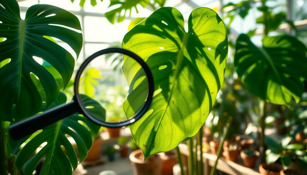 A sunlit greenhouse interior, a Monstera deliciosa plant takes center stage. Its lush green leaves, some with perforations, others unfurled, cast intricate shadows across the room. In the foreground, a magnifying glass hovers, examining a leaf closely, revealing the intricate textures and any signs of disease or pests. The background blurs softly, hinting at additional potted plants and gardening tools, creating an atmosphere of focused troubleshooting within a thriving indoor garden. The lighting is natural, filtering in through large windows, illuminating the scene with a warm, verdant glow. A sense of careful observation and problem-solving permeates the image. A sunlit greenhouse interior, a Monstera deliciosa plant takes center stage. Its lush green leaves, some with perforations, others unfurled, cast intricate shadows across the room. In the foreground, a magnifying glass hovers, examining a leaf closely, revealing the intricate textures and any signs of disease or pests. The background blurs softly, hinting at additional potted plants and gardening tools, creating an atmosphere of focused troubleshooting within a thriving indoor garden. The lighting is natural, filtering in through large windows, illuminating the scene with a warm, verdant glow. A sense of careful observation and problem-solving permeates the image.