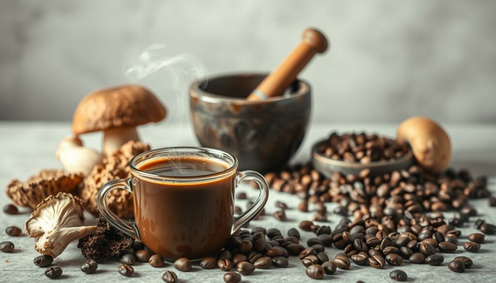 A tranquil still life scene showcasing various considerations for enjoying mushroom coffee. In the foreground, a steaming mug of mushroom-infused brew takes center stage, surrounded by an assortment of dried mushroom varieties, including reishi, chaga, and lion's mane. In the middle ground, a mortar and pestle sit alongside a handful of whole coffee beans, hinting at the process of blending and brewing this unique elixir. The background features soft, diffused lighting, creating a serene and contemplative atmosphere, inviting the viewer to ponder the potential health benefits of this intriguing coffee alternative. A tranquil still life scene showcasing various considerations for enjoying mushroom coffee. In the foreground, a steaming mug of mushroom-infused brew takes center stage, surrounded by an assortment of dried mushroom varieties, including reishi, chaga, and lion's mane. In the middle ground, a mortar and pestle sit alongside a handful of whole coffee beans, hinting at the process of blending and brewing this unique elixir. The background features soft, diffused lighting, creating a serene and contemplative atmosphere, inviting the viewer to ponder the potential health benefits of this intriguing coffee alternative.