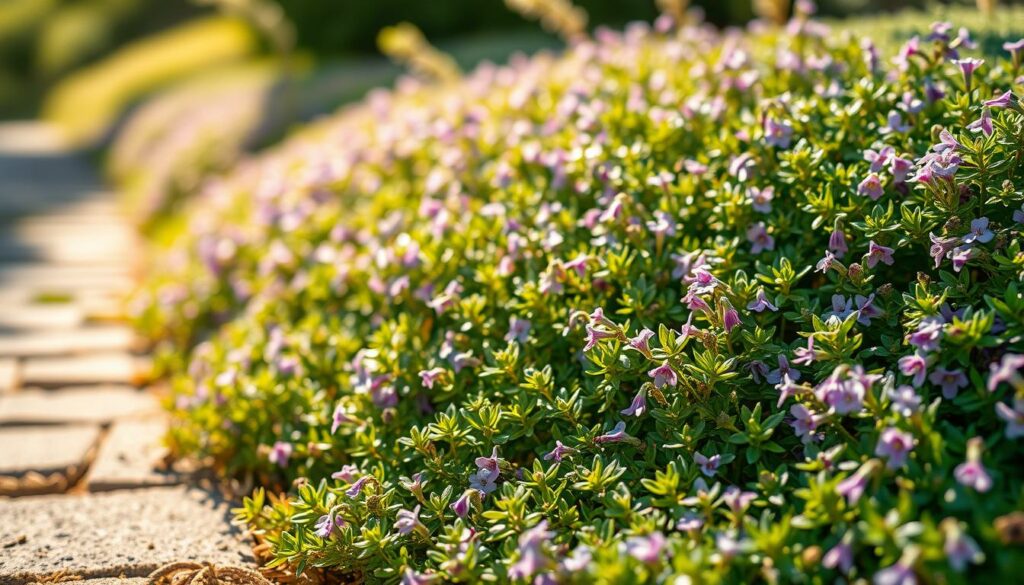 A verdant close-up of a lush carpet of creeping thyme (Thymus serpyllum), its small, aromatic leaves and delicate purple flowers gently cascading over a sun-dappled garden path. The scene is bathed in warm, diffused natural lighting, creating a soft, inviting atmosphere. The foreground is in sharp focus, revealing the intricate textures and patterns of the plant's foliage, while the background is slightly blurred, directing the viewer's attention to the captivating details of the creeping thyme. The composition is balanced, with the flowers and leaves occupying the majority of the frame, conveying a sense of abundance and vibrant growth. A verdant close-up of a lush carpet of creeping thyme (Thymus serpyllum), its small, aromatic leaves and delicate purple flowers gently cascading over a sun-dappled garden path. The scene is bathed in warm, diffused natural lighting, creating a soft, inviting atmosphere. The foreground is in sharp focus, revealing the intricate textures and patterns of the plant's foliage, while the background is slightly blurred, directing the viewer's attention to the captivating details of the creeping thyme. The composition is balanced, with the flowers and leaves occupying the majority of the frame, conveying a sense of abundance and vibrant growth.