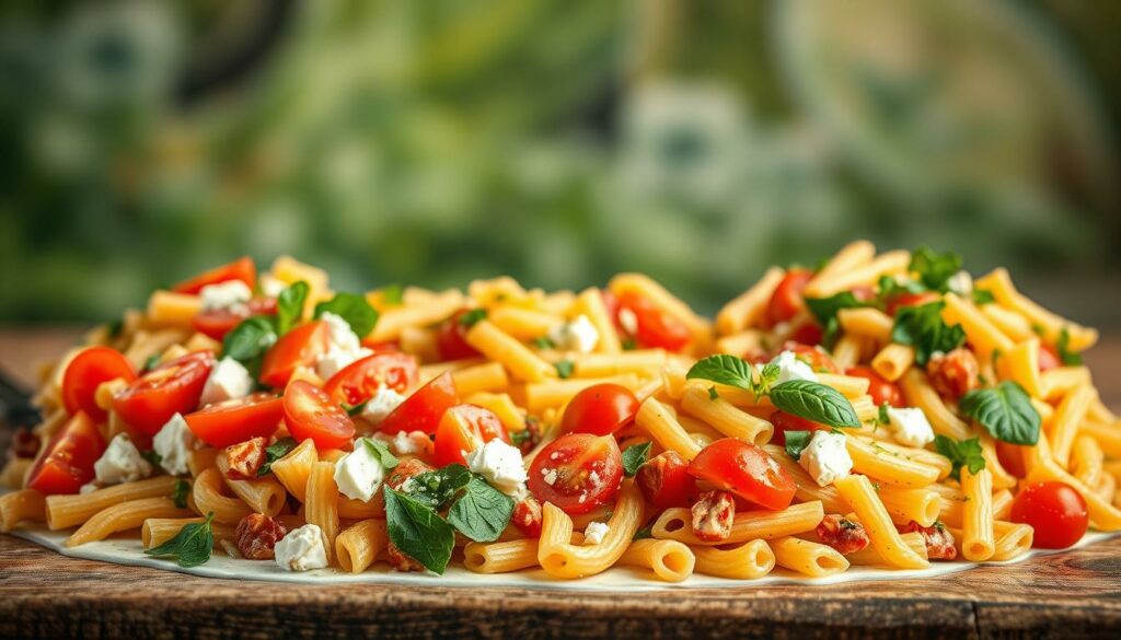 A vibrant assortment of delectable pasta salad variations, artfully arranged on a rustic wooden table. In the foreground, a medley of colorful ingredients - vibrant tomatoes, crisp cucumbers, tangy feta, and fresh herbs - are tossed together in a creamy dressing, creating a visually stunning and enticing display. The middle ground features an array of different pasta shapes, each cooked al dente and glistening under the warm, natural lighting. In the background, a soft, blurred backdrop of verdant greens and soothing neutrals sets the stage for this mouth-watering culinary tableau, exuding a sense of freshness and invitingness. The composition is shot from a slightly elevated angle, capturing the depth and textures of the diverse pasta salad variations in a visually captivating manner. A vibrant assortment of delectable pasta salad variations, artfully arranged on a rustic wooden table. In the foreground, a medley of colorful ingredients - vibrant tomatoes, crisp cucumbers, tangy feta, and fresh herbs - are tossed together in a creamy dressing, creating a visually stunning and enticing display. The middle ground features an array of different pasta shapes, each cooked al dente and glistening under the warm, natural lighting. In the background, a soft, blurred backdrop of verdant greens and soothing neutrals sets the stage for this mouth-watering culinary tableau, exuding a sense of freshness and invitingness. The composition is shot from a slightly elevated angle, capturing the depth and textures of the diverse pasta salad variations in a visually captivating manner.