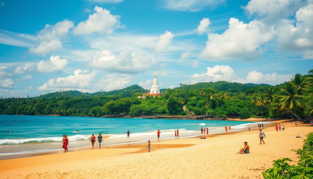 A vibrant coastal scene in Sri Lanka, showcasing the ideal seasons for popular activities. In the foreground, beachgoers enjoy the golden sands and azure waters under a warm, sun-dappled sky. The middle ground features lush tropical foliage, with swaying palm trees and verdant hills in the distance. In the background, a majestic Buddhist stupa rises, its white dome glowing in the soft, diffused light. The overall atmosphere is one of tranquility and adventure, capturing the essence of Sri Lanka's best times to experience its natural wonders and cultural treasures. A vibrant coastal scene in Sri Lanka, showcasing the ideal seasons for popular activities. In the foreground, beachgoers enjoy the golden sands and azure waters under a warm, sun-dappled sky. The middle ground features lush tropical foliage, with swaying palm trees and verdant hills in the distance. In the background, a majestic Buddhist stupa rises, its white dome glowing in the soft, diffused light. The overall atmosphere is one of tranquility and adventure, capturing the essence of Sri Lanka's best times to experience its natural wonders and cultural treasures.