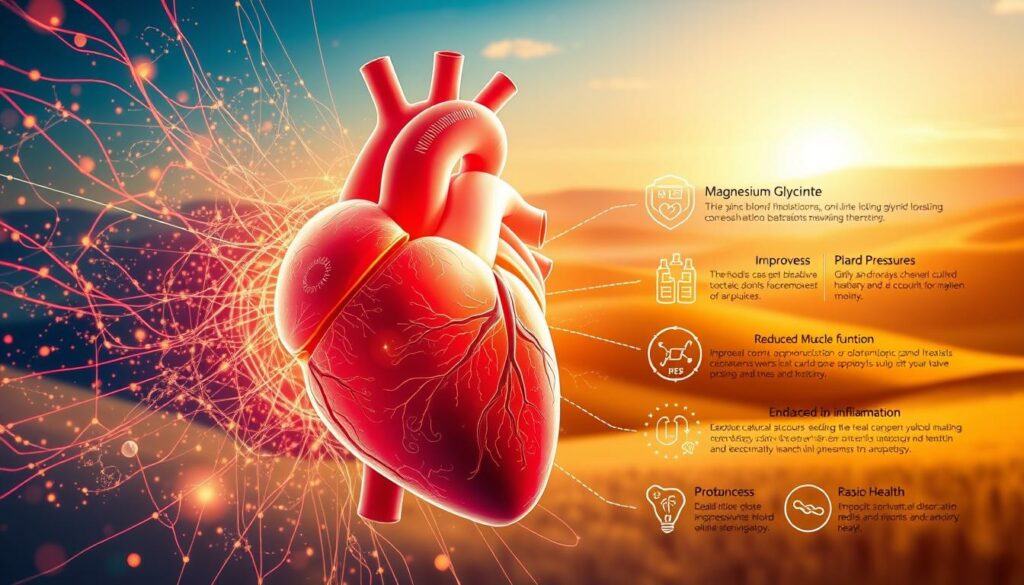 A vibrant, detailed illustration depicting the key benefits of magnesium glycinate for heart health. In the foreground, an anatomical heart model glows with a warm, pulsing radiance, surrounded by shimmering particles and flowing energy lines. In the middle ground, a series of icons and infographic elements illuminate the specific cardiovascular advantages, such as improved blood pressure, reduced inflammation, and enhanced cardiac muscle function. The background features a serene, luminous landscape with rolling hills, a clear sky, and a sense of balance and harmony, conveying the overall holistic health benefits of this essential mineral supplement. A vibrant, detailed illustration depicting the key benefits of magnesium glycinate for heart health. In the foreground, an anatomical heart model glows with a warm, pulsing radiance, surrounded by shimmering particles and flowing energy lines. In the middle ground, a series of icons and infographic elements illuminate the specific cardiovascular advantages, such as improved blood pressure, reduced inflammation, and enhanced cardiac muscle function. The background features a serene, luminous landscape with rolling hills, a clear sky, and a sense of balance and harmony, conveying the overall holistic health benefits of this essential mineral supplement.