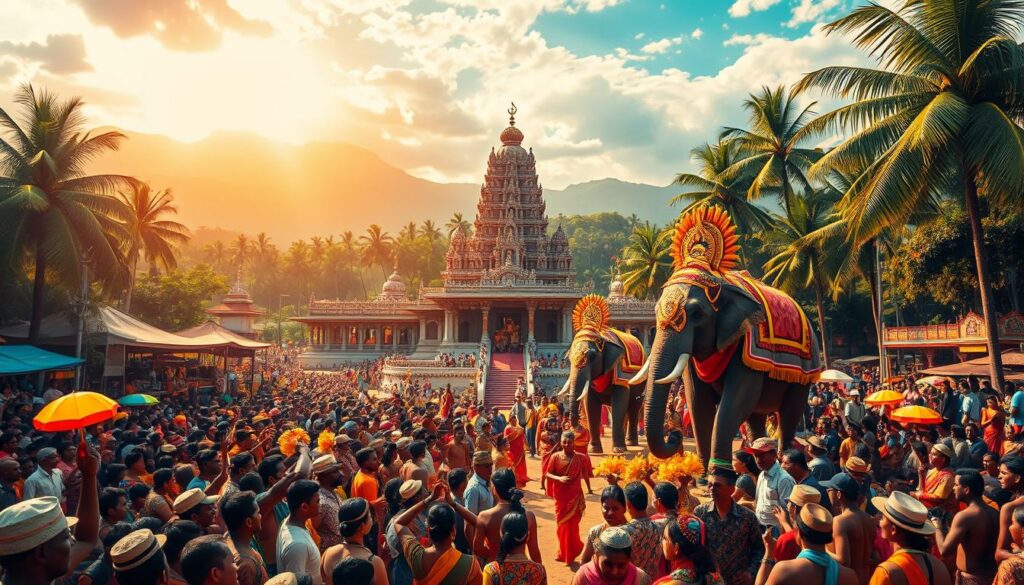 A vibrant festival calendar depicting the diverse cultural celebrations of Sri Lanka. In the foreground, a kaleidoscope of colorful traditional costumes and dancers perform amid a sea of spectators. In the middle ground, ornate temple structures and majestic elephants adorned with intricate adornments take center stage. The background showcases lush tropical landscapes, with palm trees swaying in the warm breeze. The scene is bathed in warm, golden light, creating a sense of festive energy and joyous atmosphere. The overall composition captures the essence of Sri Lanka's rich cultural heritage and the country's legendary festivals that draw visitors from around the world. A vibrant festival calendar depicting the diverse cultural celebrations of Sri Lanka. In the foreground, a kaleidoscope of colorful traditional costumes and dancers perform amid a sea of spectators. In the middle ground, ornate temple structures and majestic elephants adorned with intricate adornments take center stage. The background showcases lush tropical landscapes, with palm trees swaying in the warm breeze. The scene is bathed in warm, golden light, creating a sense of festive energy and joyous atmosphere. The overall composition captures the essence of Sri Lanka's rich cultural heritage and the country's legendary festivals that draw visitors from around the world.