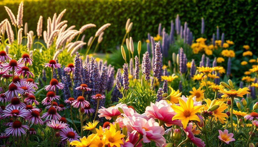 A vibrant, lush garden filled with long-blooming perennials, bathed in the warm, golden light of a summer afternoon. In the foreground, a riot of color - cascading blooms of purple coneflowers, pink peonies, and sunny yellow daylilies. The middle ground features swaying stalks of lavender, their fragrant plumes contrasting with the deep green foliage of astilbe and hosta. In the background, a soft, blurred hedge frames the scene, hinting at the verdant abundance beyond. The overall mood is one of serene tranquility and enduring beauty, capturing the essence of perennials that flourish throughout the summer. A vibrant, lush garden filled with long-blooming perennials, bathed in the warm, golden light of a summer afternoon. In the foreground, a riot of color - cascading blooms of purple coneflowers, pink peonies, and sunny yellow daylilies. The middle ground features swaying stalks of lavender, their fragrant plumes contrasting with the deep green foliage of astilbe and hosta. In the background, a soft, blurred hedge frames the scene, hinting at the verdant abundance beyond. The overall mood is one of serene tranquility and enduring beauty, capturing the essence of perennials that flourish throughout the summer.