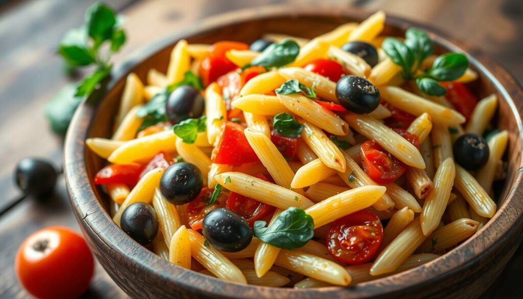 A vibrant pasta salad showcased in a rustic wooden bowl, the al dente penne noodles tossed with a rainbow of fresh, crisp vegetables - juicy cherry tomatoes, crunchy bell peppers, and earthy kalamata olives. The salad is dressed in a tangy vinaigrette, with hints of garlic and herbs that infuse every bite. The composition is lit from the side, casting warm shadows that accentuate the textural contrast between the pasta and produce. The overall mood is one of fresh, homemade delight, inviting the viewer to dive in and savor the flavors of this perfect summer side dish. A vibrant pasta salad showcased in a rustic wooden bowl, the al dente penne noodles tossed with a rainbow of fresh, crisp vegetables - juicy cherry tomatoes, crunchy bell peppers, and earthy kalamata olives. The salad is dressed in a tangy vinaigrette, with hints of garlic and herbs that infuse every bite. The composition is lit from the side, casting warm shadows that accentuate the textural contrast between the pasta and produce. The overall mood is one of fresh, homemade delight, inviting the viewer to dive in and savor the flavors of this perfect summer side dish.