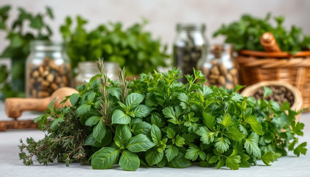 A vibrant still life showcasing an assortment of fresh garden herbs, arranged against a soft, neutral background. Basil, rosemary, thyme, oregano, and parsley occupy the foreground, their lush green leaves illuminated by warm, natural lighting. In the middle ground, dried herbs in glass jars and woven baskets create an earthy, rustic atmosphere. The background features blurred foliage, hinting at the herbaceous setting. The overall composition evokes a sense of culinary inspiration and the beauty of nature's bounty. A vibrant still life showcasing an assortment of fresh garden herbs, arranged against a soft, neutral background. Basil, rosemary, thyme, oregano, and parsley occupy the foreground, their lush green leaves illuminated by warm, natural lighting. In the middle ground, dried herbs in glass jars and woven baskets create an earthy, rustic atmosphere. The background features blurred foliage, hinting at the herbaceous setting. The overall composition evokes a sense of culinary inspiration and the beauty of nature's bounty.
