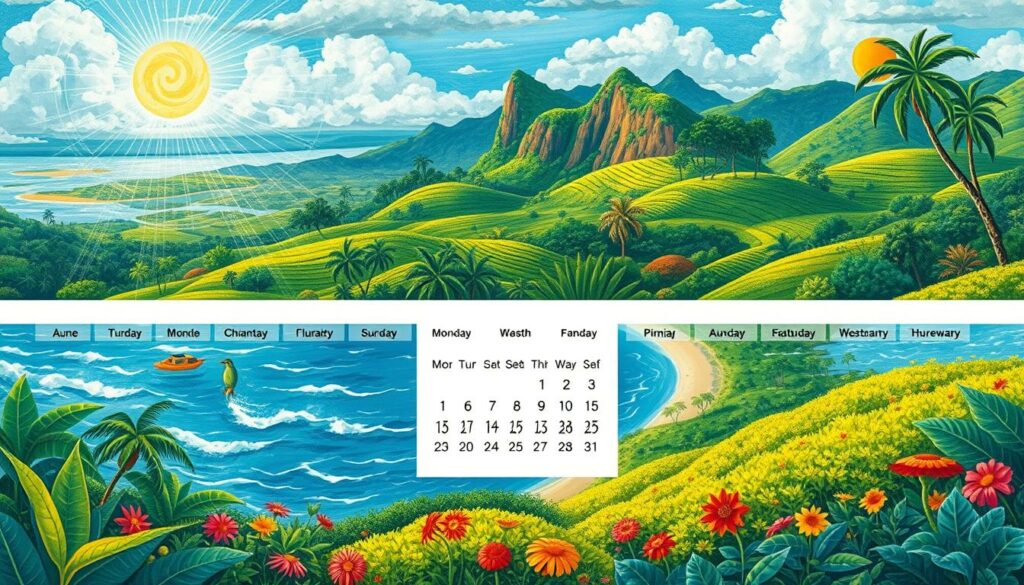 A vibrant, visually compelling month-by-month guide to Sri Lanka's weather patterns, depicted through a series of meticulously crafted illustrations. The foreground showcases the diverse climatic conditions across the island, with lush tropical flora, seasonal rainfall, and distinctive weather phenomena like monsoons and thunderstorms. The middle ground features a detailed calendar layout, highlighting the ideal visiting periods for different regions and activities. In the background, a panoramic view of Sri Lanka's stunning landscapes - from verdant tea plantations to sun-kissed beaches - sets the scene, conveying the country's natural beauty and the allure of experiencing its diverse weather throughout the year. A vibrant, visually compelling month-by-month guide to Sri Lanka's weather patterns, depicted through a series of meticulously crafted illustrations. The foreground showcases the diverse climatic conditions across the island, with lush tropical flora, seasonal rainfall, and distinctive weather phenomena like monsoons and thunderstorms. The middle ground features a detailed calendar layout, highlighting the ideal visiting periods for different regions and activities. In the background, a panoramic view of Sri Lanka's stunning landscapes - from verdant tea plantations to sun-kissed beaches - sets the scene, conveying the country's natural beauty and the allure of experiencing its diverse weather throughout the year.