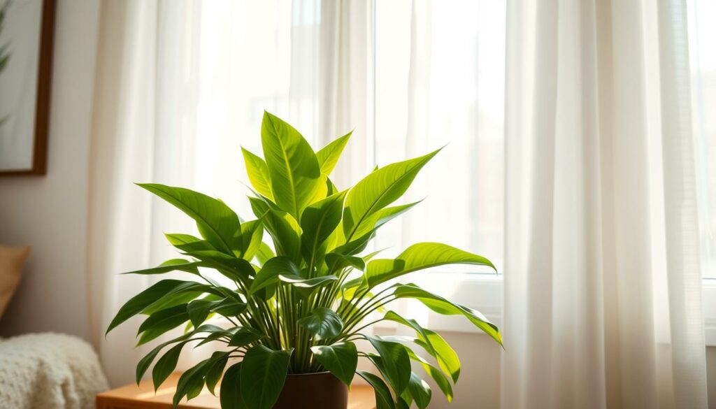 A well-lit, cozy indoor environment with soft, diffused natural light from a large window, illuminating the vibrant, glossy green leaves of a thriving ZZ plant. The plant is situated on a wooden side table, surrounded by a minimal, modern decor scheme. The light gently filters through sheer curtains, creating a warm, inviting atmosphere. The camera angle is slightly elevated, capturing the plant in its entirety and showcasing its lush, architectural foliage. The overall scene conveys the ideal growing conditions for a ZZ plant, with the perfect balance of light, temperature, and minimal care requirements. A well-lit, cozy indoor environment with soft, diffused natural light from a large window, illuminating the vibrant, glossy green leaves of a thriving ZZ plant. The plant is situated on a wooden side table, surrounded by a minimal, modern decor scheme. The light gently filters through sheer curtains, creating a warm, inviting atmosphere. The camera angle is slightly elevated, capturing the plant in its entirety and showcasing its lush, architectural foliage. The overall scene conveys the ideal growing conditions for a ZZ plant, with the perfect balance of light, temperature, and minimal care requirements.