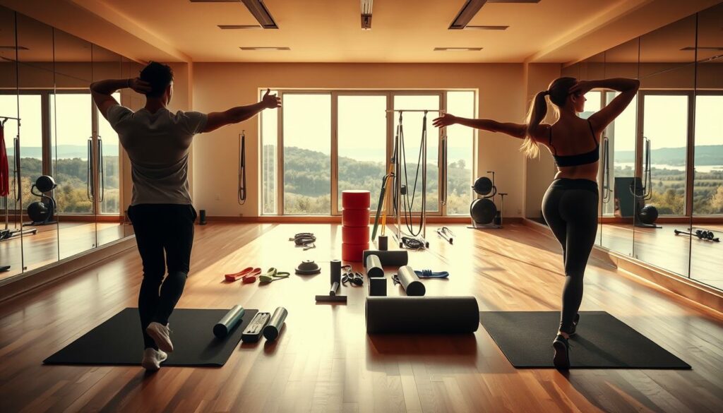 A well-lit gym setting with a hardwood floor and mirrored walls. In the foreground, a man and a woman perform dynamic back warm-up exercises, their bodies in perfect alignment as they gently twist, reach, and pull, preparing their muscles for an intense workout. Soft, natural lighting illuminates their movements, capturing the fluidity and control of their form. The middle ground features a selection of resistance bands, foam rollers, and other specialized equipment, hinting at the comprehensive workout to come. In the background, a serene landscape visible through large windows sets a calming, focused atmosphere, encouraging the viewer to join in the preparation for a transformative back-building session. A well-lit gym setting with a hardwood floor and mirrored walls. In the foreground, a man and a woman perform dynamic back warm-up exercises, their bodies in perfect alignment as they gently twist, reach, and pull, preparing their muscles for an intense workout. Soft, natural lighting illuminates their movements, capturing the fluidity and control of their form. The middle ground features a selection of resistance bands, foam rollers, and other specialized equipment, hinting at the comprehensive workout to come. In the background, a serene landscape visible through large windows sets a calming, focused atmosphere, encouraging the viewer to join in the preparation for a transformative back-building session.