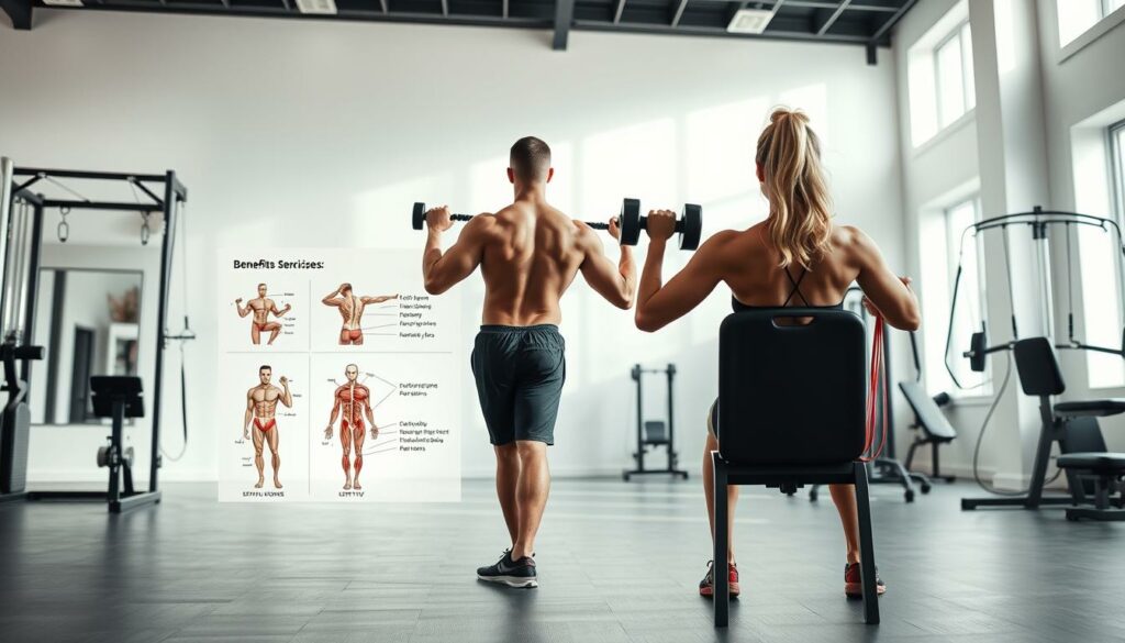A well-lit, high-contrast image of a person performing a variety of back exercises in a modern, minimalist fitness studio. The foreground features a man and a woman executing perfect form on exercises like lat pulldowns, seated rows, and reverse flyes using various resistance equipment like free weights, resistance bands, and cable machines. The middle ground showcases the benefits of these exercises, with anatomical illustrations highlighting the major muscle groups being targeted. The background is a clean, white-walled space with high ceilings and abundant natural lighting, creating a serene, motivating atmosphere. The overall scene conveys the physical and mental rewards of a comprehensive back workout routine. A well-lit, high-contrast image of a person performing a variety of back exercises in a modern, minimalist fitness studio. The foreground features a man and a woman executing perfect form on exercises like lat pulldowns, seated rows, and reverse flyes using various resistance equipment like free weights, resistance bands, and cable machines. The middle ground showcases the benefits of these exercises, with anatomical illustrations highlighting the major muscle groups being targeted. The background is a clean, white-walled space with high ceilings and abundant natural lighting, creating a serene, motivating atmosphere. The overall scene conveys the physical and mental rewards of a comprehensive back workout routine.