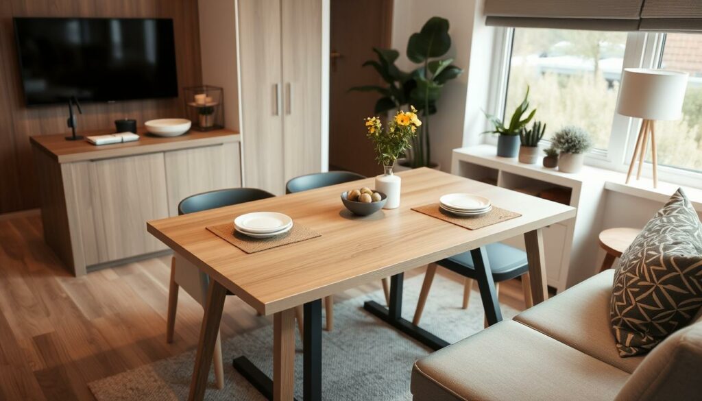 An expandable dining table in a compact home setting, with a mix of modern and minimalist decor.