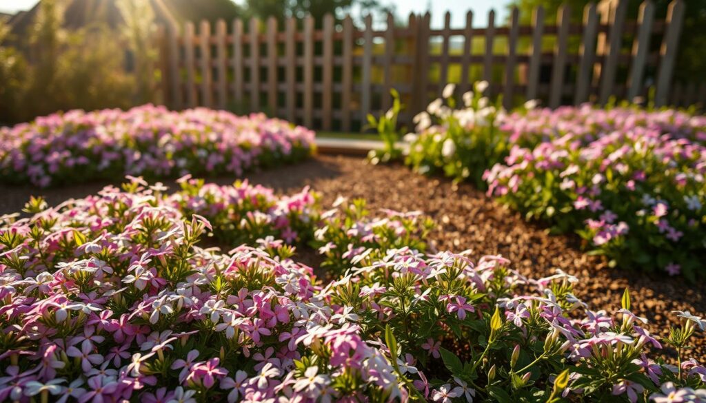 An idyllic garden scene with lush, vibrant creeping phlox in full bloom, bathed in warm, golden sunlight. The delicate, five-petaled flowers in shades of pink, lavender, and white carpet the foreground, their petals gently swaying in a light breeze. The middle ground features a well-tended, neatly mulched garden bed, with the phlox's trailing vines and leaves spilling over the edges. In the background, a picturesque wooden fence or trellis provides a natural border, framing the scene. Captured with a high-resolution wide-angle lens, the image conveys a sense of tranquility, vibrancy, and the beauty of this low-growing, mat-forming perennial plant thriving in full sun. An idyllic garden scene with lush, vibrant creeping phlox in full bloom, bathed in warm, golden sunlight. The delicate, five-petaled flowers in shades of pink, lavender, and white carpet the foreground, their petals gently swaying in a light breeze. The middle ground features a well-tended, neatly mulched garden bed, with the phlox's trailing vines and leaves spilling over the edges. In the background, a picturesque wooden fence or trellis provides a natural border, framing the scene. Captured with a high-resolution wide-angle lens, the image conveys a sense of tranquility, vibrancy, and the beauty of this low-growing, mat-forming perennial plant thriving in full sun.