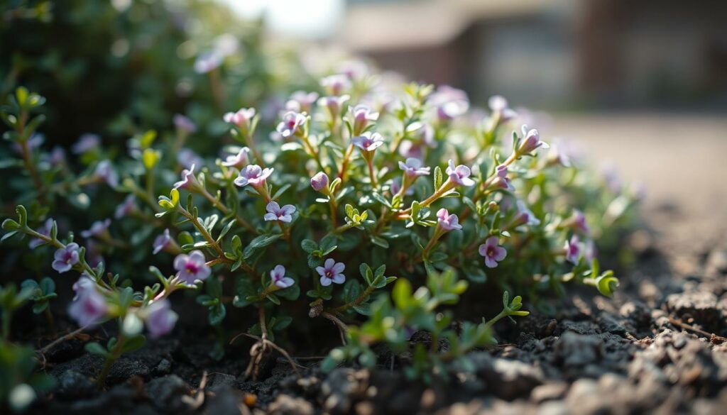 Close-up shot of healthy creeping thyme (Thymus serpyllum) plant, its delicate green foliage and tiny purple flowers in full bloom. The plant is shown propagating through its trailing stems that are rooting into the soil, creating new growth. Soft, diffused natural lighting illuminates the scene, highlighting the intricate textures and vibrant colors. The image is captured from a low angle, emphasizing the lush, ground-hugging nature of the creeping thyme. The background is blurred, keeping the focus on the propagating plant. Close-up shot of healthy creeping thyme (Thymus serpyllum) plant, its delicate green foliage and tiny purple flowers in full bloom. The plant is shown propagating through its trailing stems that are rooting into the soil, creating new growth. Soft, diffused natural lighting illuminates the scene, highlighting the intricate textures and vibrant colors. The image is captured from a low angle, emphasizing the lush, ground-hugging nature of the creeping thyme. The background is blurred, keeping the focus on the propagating plant.
