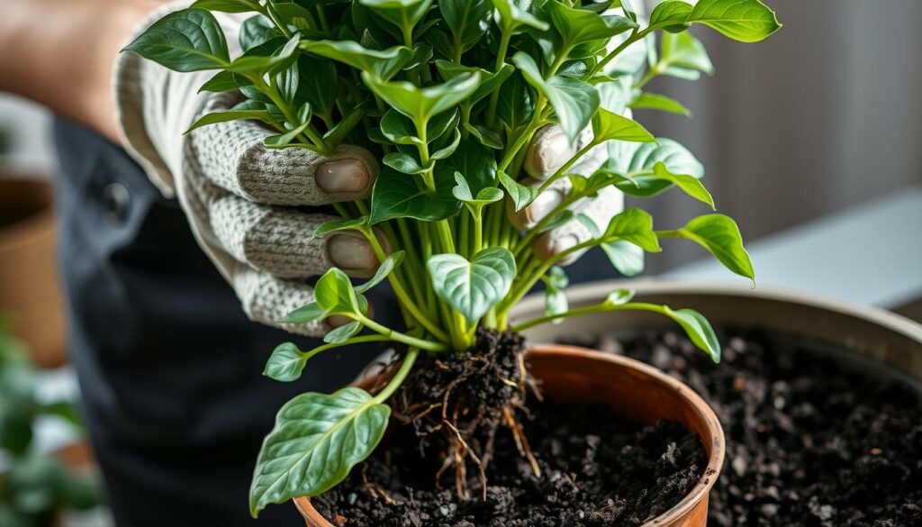 Closeup view of a person's hands carefully repotting a lush ZZ plant, with vibrant green leaves and thick stems. The plant is being transferred from a small pot into a larger container filled with rich, dark potting soil. Soft, diffused natural lighting illuminates the scene, casting gentle shadows. The person's hands are wearing gardening gloves, gently gripping the plant's base and roots, showcasing the delicate process of repotting. The new pot is visible in the foreground, ready to receive the thriving ZZ plant. The background is blurred, keeping the focus on the repotting action. Closeup view of a person's hands carefully repotting a lush ZZ plant, with vibrant green leaves and thick stems. The plant is being transferred from a small pot into a larger container filled with rich, dark potting soil. Soft, diffused natural lighting illuminates the scene, casting gentle shadows. The person's hands are wearing gardening gloves, gently gripping the plant's base and roots, showcasing the delicate process of repotting. The new pot is visible in the foreground, ready to receive the thriving ZZ plant. The background is blurred, keeping the focus on the repotting action.