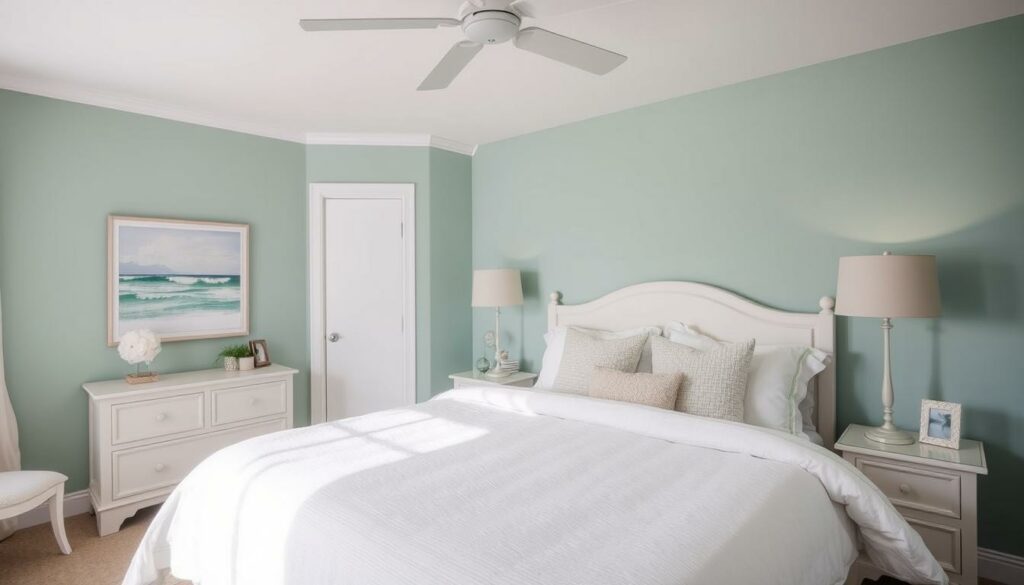Coastal bedroom with serene color scheme and comfortable bedding Coastal bedroom with serene color scheme and comfortable bedding
