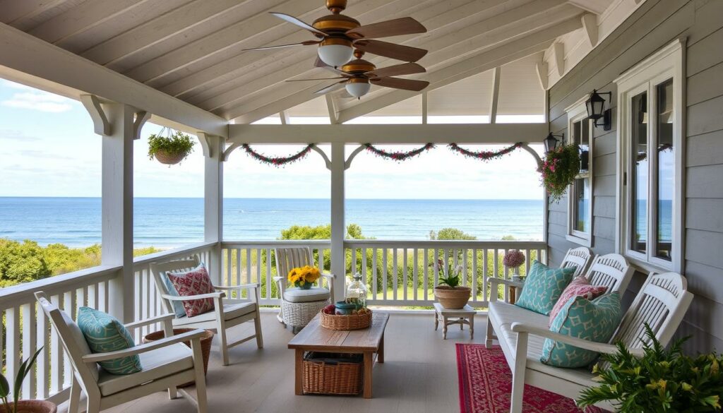 Coastal cottage porch with comfortable outdoor furniture and decor Coastal cottage porch with comfortable outdoor furniture and decor