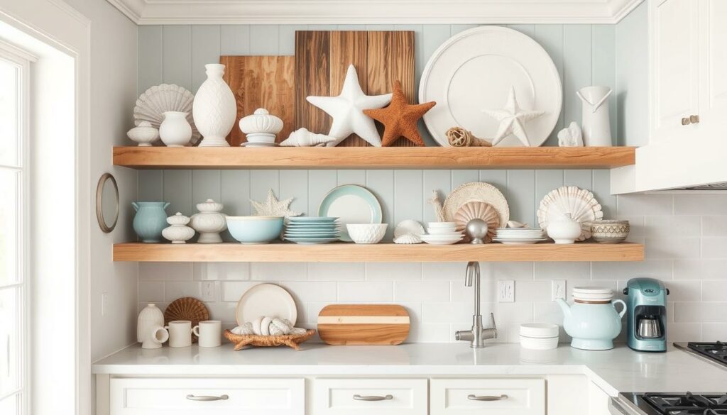 Coastal kitchen with open shelving displaying beachy elements Coastal kitchen with open shelving displaying beachy elements