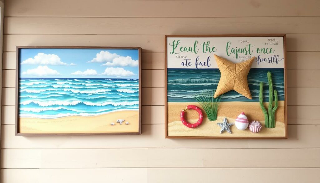 Coastal wall decor featuring shiplap and beach-themed artwork Coastal wall decor featuring shiplap and beach-themed artwork