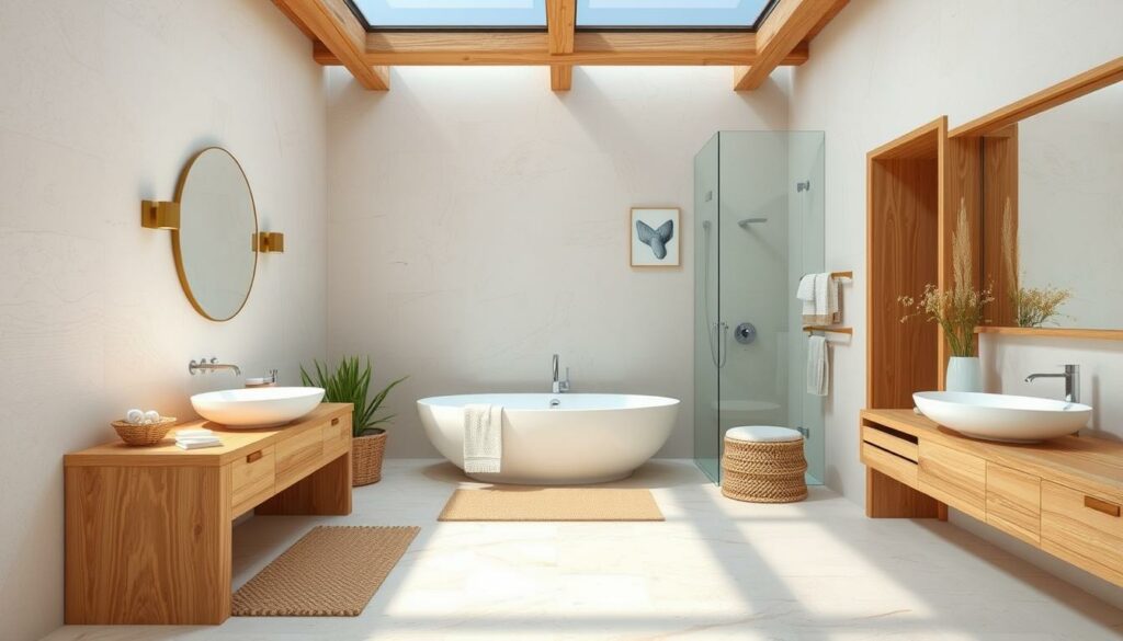Create an image of a serene bathroom with a beach-inspired design, featuring natural materials like wood and stone. Create an image of a serene bathroom with a beach-inspired design, featuring natural materials like wood and stone.
