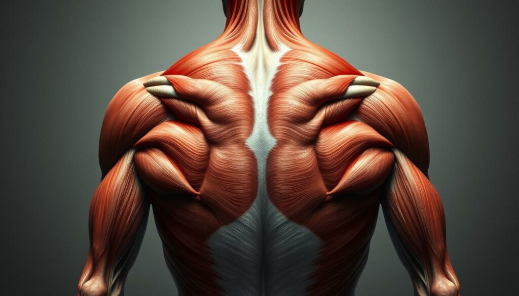 Detailed anatomical illustration of the back muscles, rendered in a scientific, educational style. Centered view of the upper and middle back, with the major muscle groups clearly visible: the trapezius, rhomboids, latissimus dorsi, and erector spinae. Muted color palette with emphasis on muscle definition and connective tissue. Subtle ambient lighting creates depth and volume. High resolution, high detail, accurate proportions, no distractions or overlays. Detailed anatomical illustration of the back muscles, rendered in a scientific, educational style. Centered view of the upper and middle back, with the major muscle groups clearly visible: the trapezius, rhomboids, latissimus dorsi, and erector spinae. Muted color palette with emphasis on muscle definition and connective tissue. Subtle ambient lighting creates depth and volume. High resolution, high detail, accurate proportions, no distractions or overlays.