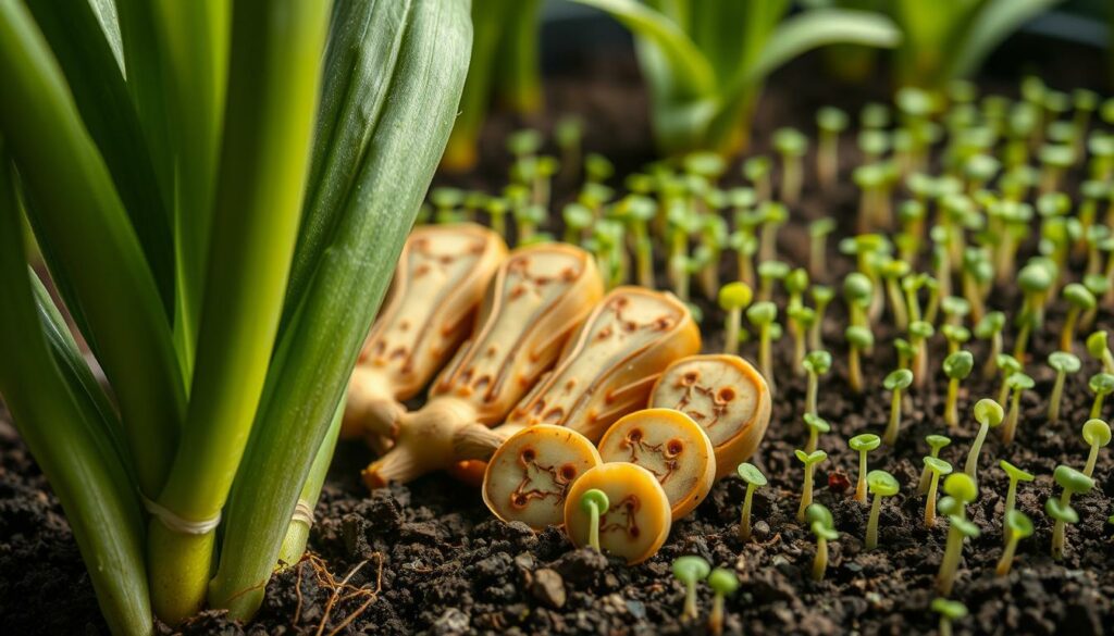 Detailed close-up of ZZ plant propagation methods, showcasing various techniques. In the foreground, a ZZ plant stem cutting is displayed, its thick, waxy leaves clearly visible. In the middle ground, several ZZ plant rhizome sections are arrayed, demonstrating their unique growth patterns. The background features an array of small ZZ plantlets emerging from the soil, highlighting the plant's prolific propagation abilities. Soft, diffuse lighting illuminates the scene, emphasizing the textures and forms of the botanical subjects. Captured with a macro lens to provide a precise, technical perspective on the propagation process. Detailed close-up of ZZ plant propagation methods, showcasing various techniques. In the foreground, a ZZ plant stem cutting is displayed, its thick, waxy leaves clearly visible. In the middle ground, several ZZ plant rhizome sections are arrayed, demonstrating their unique growth patterns. The background features an array of small ZZ plantlets emerging from the soil, highlighting the plant's prolific propagation abilities. Soft, diffuse lighting illuminates the scene, emphasizing the textures and forms of the botanical subjects. Captured with a macro lens to provide a precise, technical perspective on the propagation process.