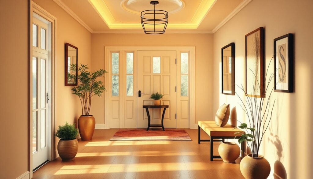 Feng shui home entryway with a harmonious balance of elements. A welcoming foyer with warm, soft lighting casting a gentle glow. Wooden floors and natural textures create an earthy, grounded feel. Strategically placed mirrors amplify positive energy and a small table or bench invites visitors to pause and take in the serene ambiance. Potted plants or a small water feature add a touch of nature, while carefully selected artwork or decor pieces accentuate the peaceful, inviting atmosphere. The entryway exudes a sense of balance, flow and positive chi, setting the tone for the rest of the feng shui-inspired home. Feng shui home entryway with a harmonious balance of elements. A welcoming foyer with warm, soft lighting casting a gentle glow. Wooden floors and natural textures create an earthy, grounded feel. Strategically placed mirrors amplify positive energy and a small table or bench invites visitors to pause and take in the serene ambiance. Potted plants or a small water feature add a touch of nature, while carefully selected artwork or decor pieces accentuate the peaceful, inviting atmosphere. The entryway exudes a sense of balance, flow and positive chi, setting the tone for the rest of the feng shui-inspired home.