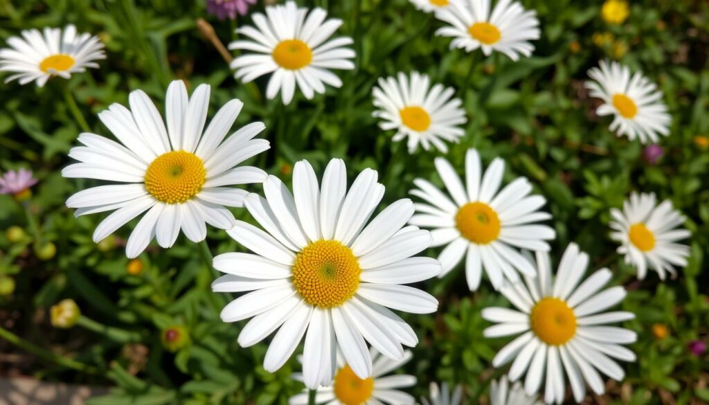 Generate an image of Becky Shasta daisy with pure white blooms and sunny yellow centers in a garden setting. Generate an image of Becky Shasta daisy with pure white blooms and sunny yellow centers in a garden setting.