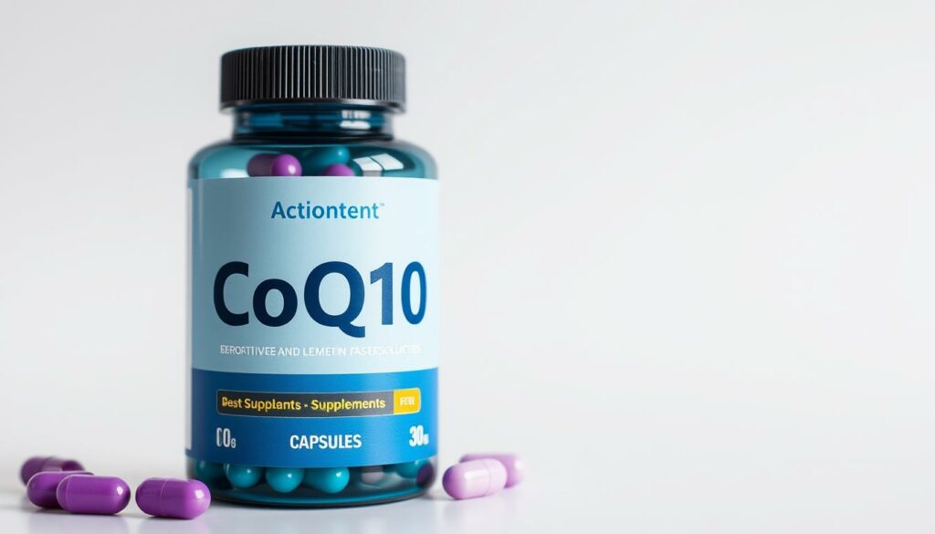 Generate an image of CoQ10 capsules or a bottle of CoQ10 supplements.