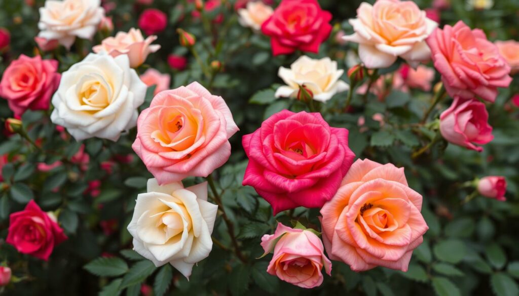 Generate an image of Knock Out roses in various colors blooming in a UK garden. Generate an image of Knock Out roses in various colors blooming in a UK garden.