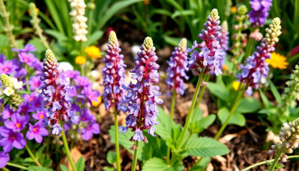 Generate an image of Speedwell (Veronica) with its elegant flower spikes in a garden setting. Generate an image of Speedwell (Veronica) with its elegant flower spikes in a garden setting.