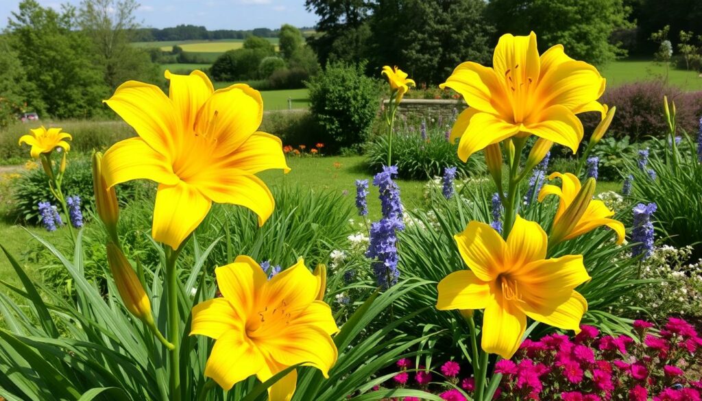 Generate an image of Stella de Oro daylily plants in a UK garden setting. Generate an image of Stella de Oro daylily plants in a UK garden setting.