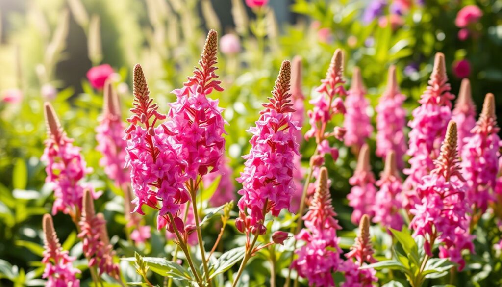 Generate an image of Valerian in full bloom with clusters of fragrant pink flowers in a sunny garden setting. Generate an image of Valerian in full bloom with clusters of fragrant pink flowers in a sunny garden setting.