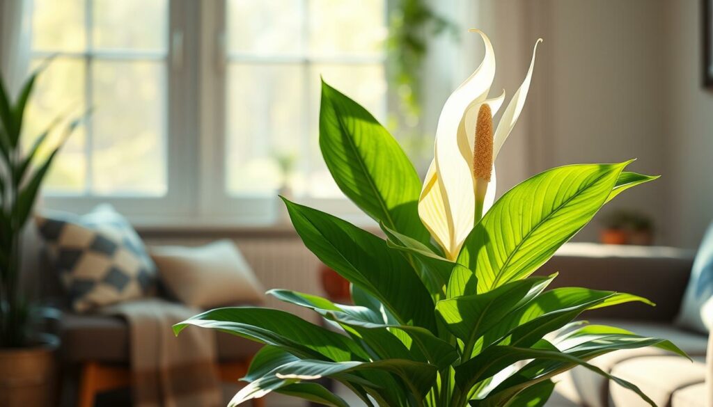 Generate an image of a Peace Lily in a serene home environment. Generate an image of a Peace Lily in a serene home environment.