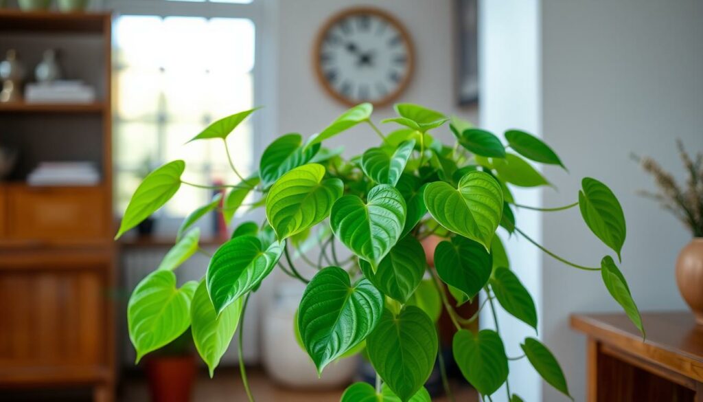 Generate an image of a Pothos plant with trailing vines and heart-shaped leaves in a serene indoor setting. Generate an image of a Pothos plant with trailing vines and heart-shaped leaves in a serene indoor setting.