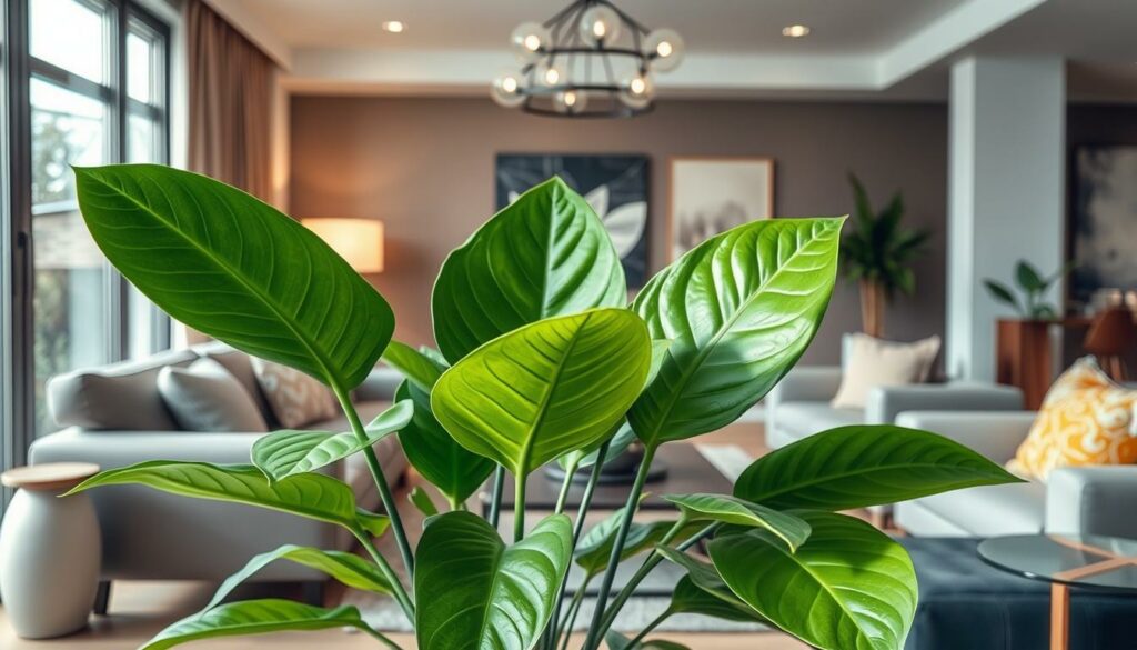 Generate an image of a Rubber Plant with large, glossy green leaves in a modern living room setting. Generate an image of a Rubber Plant with large, glossy green leaves in a modern living room setting.