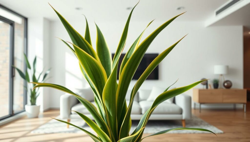 Generate an image of a Snake Plant with sword-like leaves in a modern, minimalist living room. Generate an image of a Snake Plant with sword-like leaves in a modern, minimalist living room.