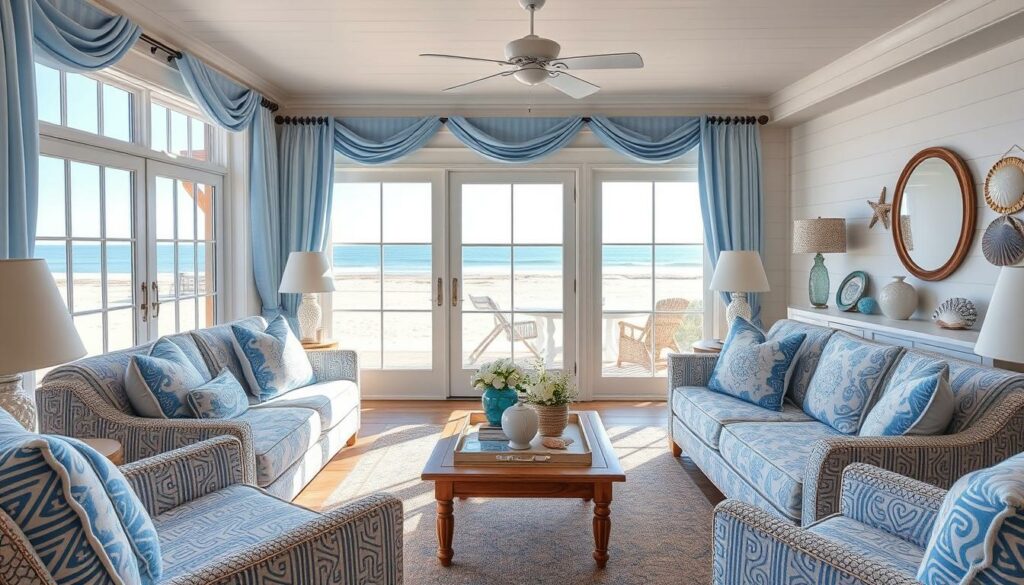 Generate an image of a beach cottage living room with blue and white textiles. Generate an image of a beach cottage living room with blue and white textiles.