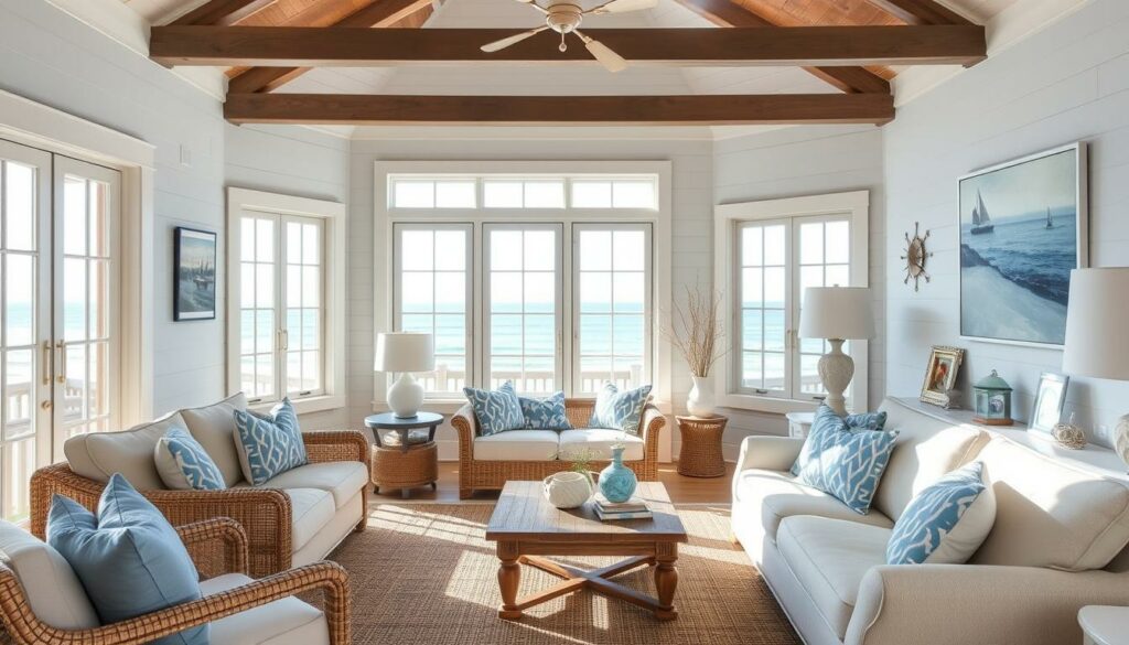 Generate an image of a beach cottage living room with nautical accents. Generate an image of a beach cottage living room with nautical accents.