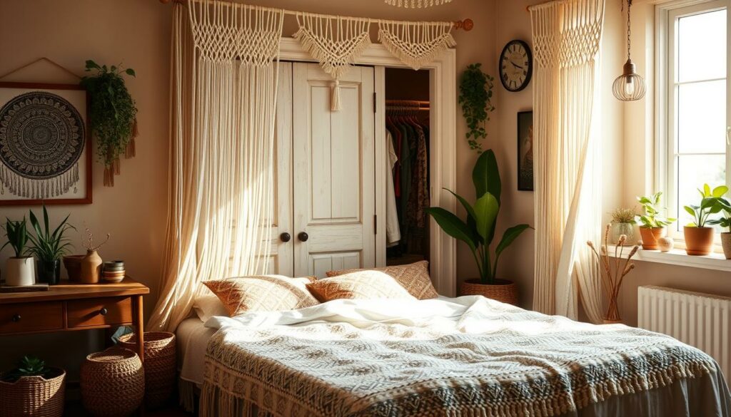 Generate an image of a bohemian-style bedroom with macramé curtains hanging in front of the closet. Generate an image of a bohemian-style bedroom with macramé curtains hanging in front of the closet.