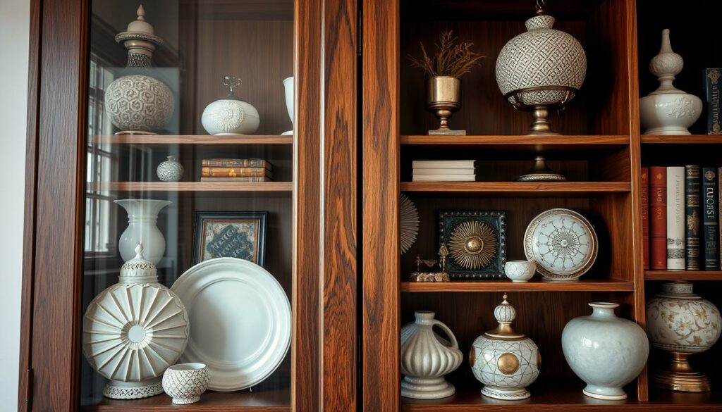 Generate an image of a bookcase door with decorative items on the shelves. Generate an image of a bookcase door with decorative items on the shelves.