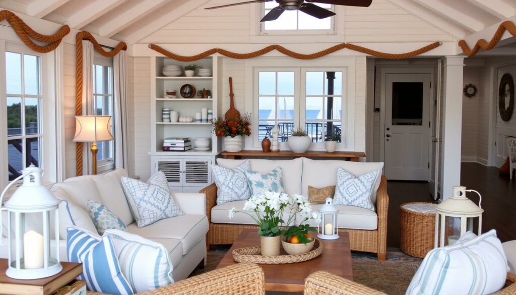 Generate an image of a coastal cottage living room with rope and nautical lanterns. Generate an image of a coastal cottage living room with rope and nautical lanterns.