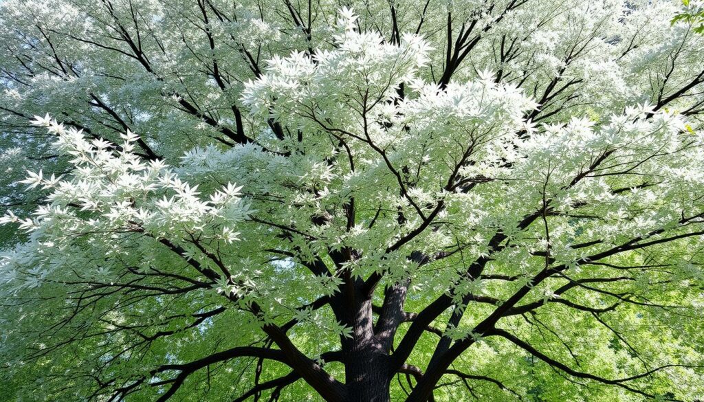Generate an image of a mature Silver Maple tree with its distinctive silvery foliage and broad canopy.