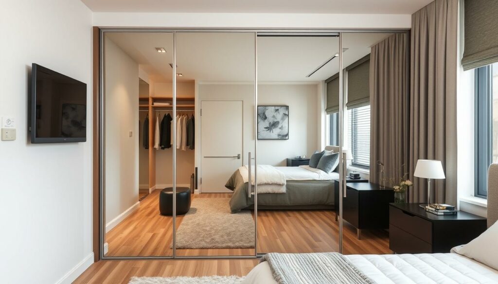 Generate an image of a modern bedroom with a closet featuring mirrored doors. Generate an image of a modern bedroom with a closet featuring mirrored doors.